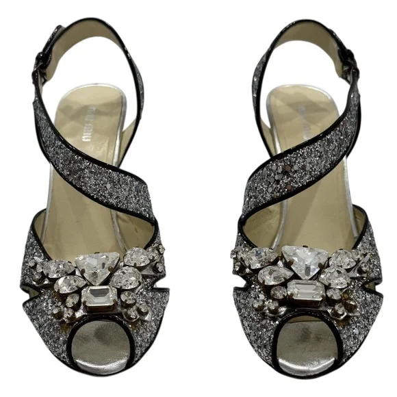 MIU MIU 2006 RUNWAY SILVER GLITTER STILETTO SANDALS w/CRYSTAL EMBELLISHMENTS